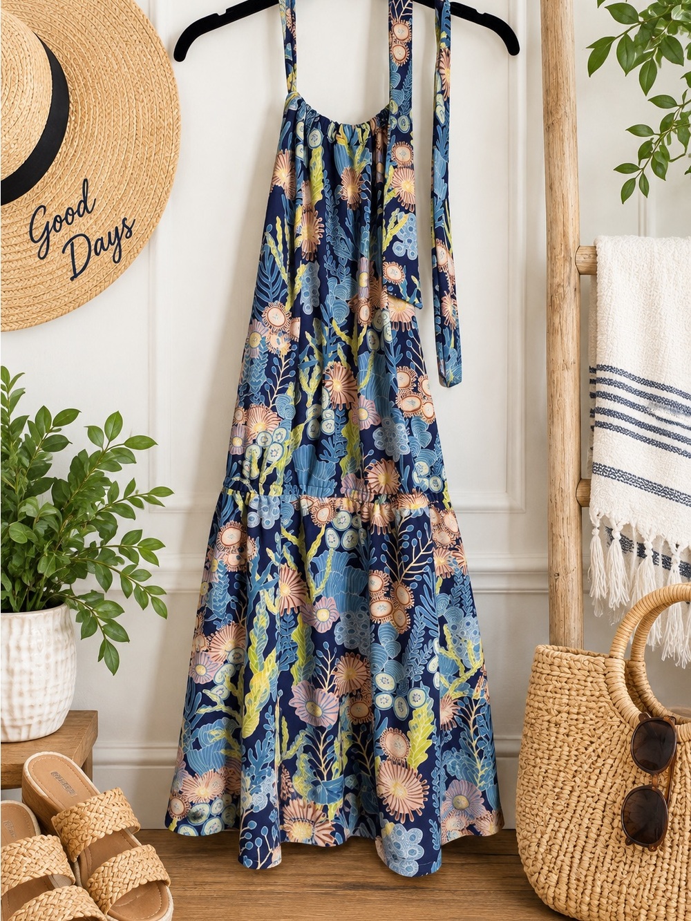 Tori Richard Navy Floral Tie-Shoulder Maxi Jumpsuit